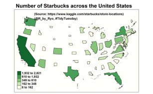 Number of Starbucks by state (USA), non-contiguous area cartogram [OC] : dataisbeautiful