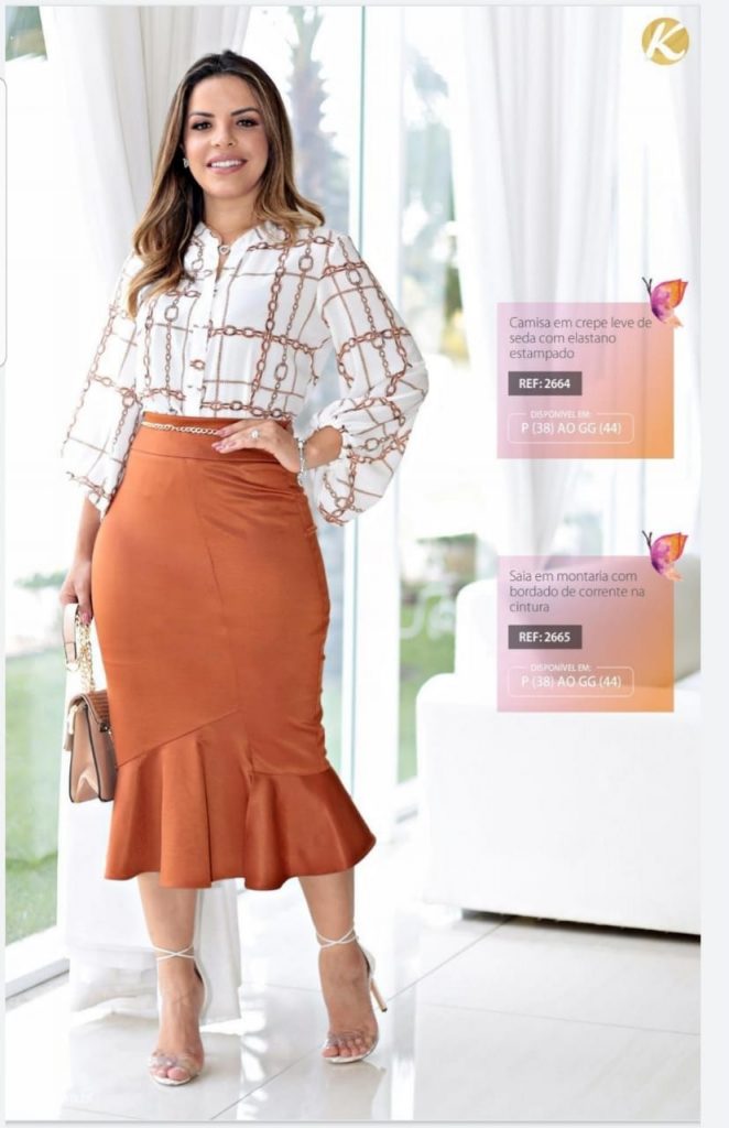 Camisa em crepe leve de seda com elastano estampado, Saia em montaria com babado moda executiva
