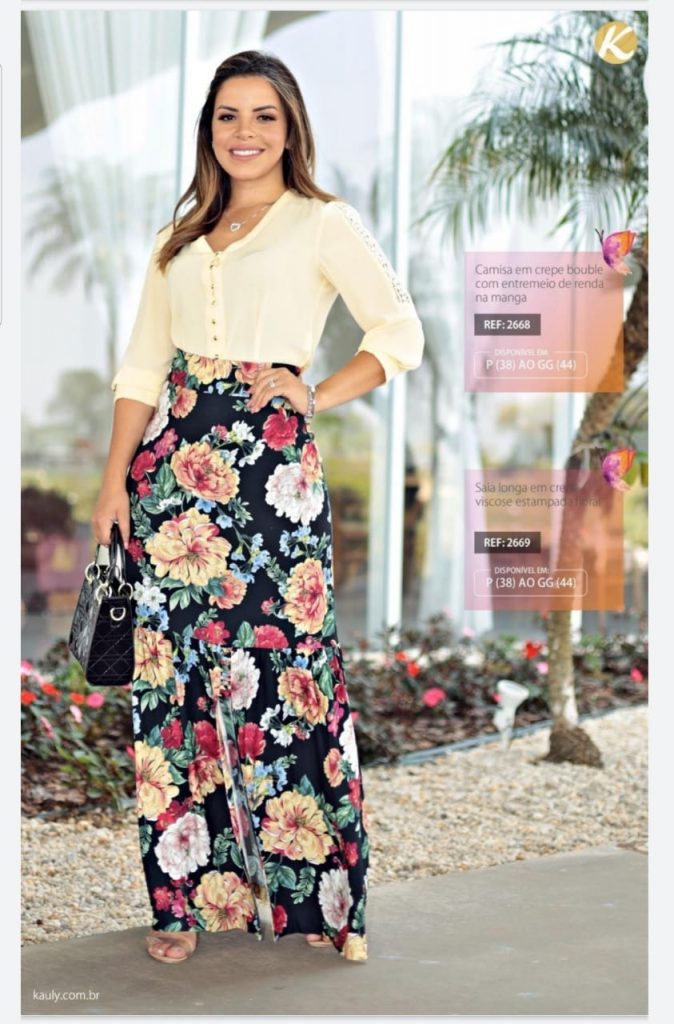 Camisa manga 3/4 em crepe bouble moda casual, Saia longa estampada em crepe viscose Moda Casual