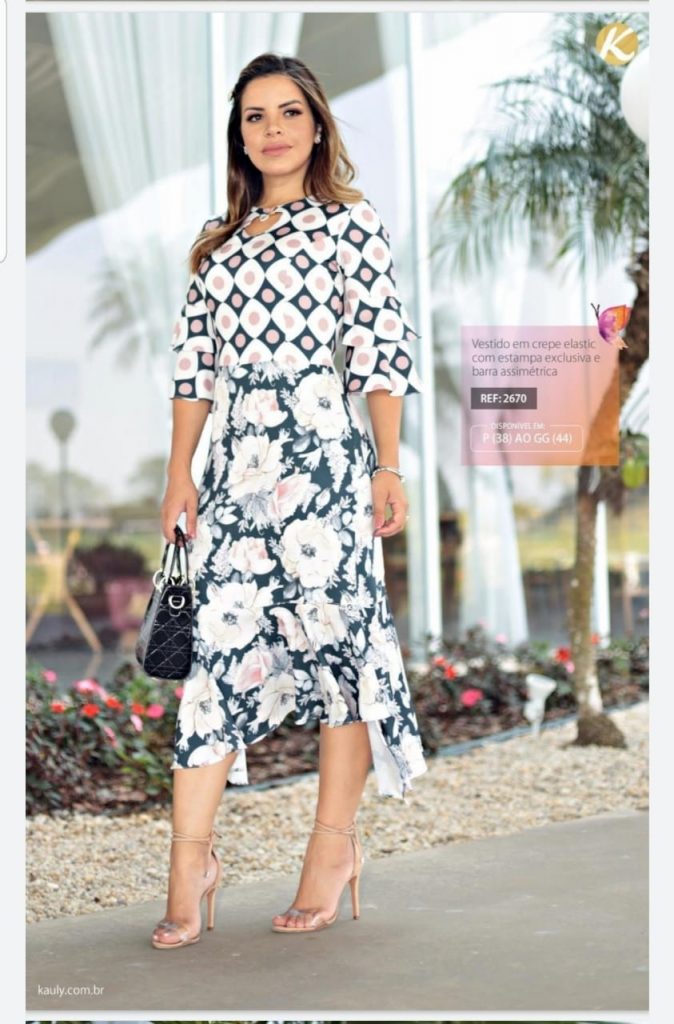 Vestido assimétrico crepe elastic estampado moda executiva