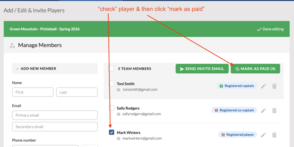 Pay league fee for a player