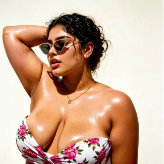 Desi woman with large round breasts wearing pink rose bikini top with visible medium brown nipples in outdoor setting with bright natural lighting