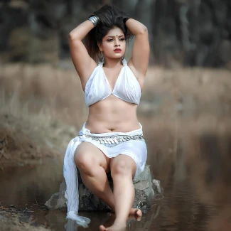 Shrutika Londhe sitting in shallow water with exposed breasts in sheer white bikini top, wearing silver coin belt against blurred dry grass