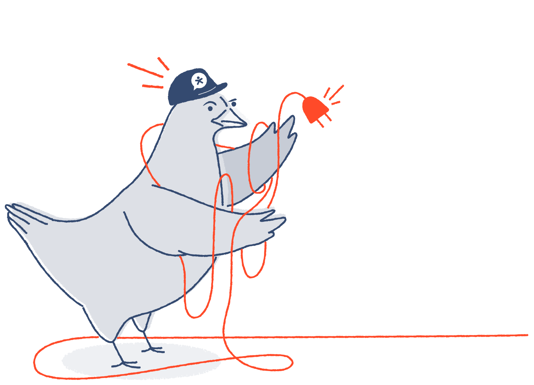 Text-Em-All mascot Doodle the pigeon with a orange plug in cord.