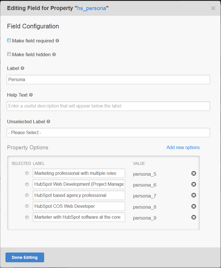 editing field for property