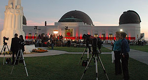 Celestron telescopes set in front of the observatory