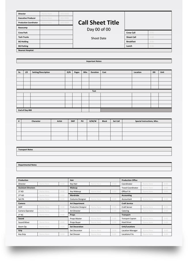 Call Sheet Template Call Sheet Template