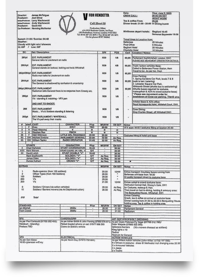 V for Vandetta call sheet sample V for Vandetta call sheet sample