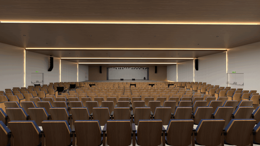 Auditório com capacidade aproximada para 800 pessoas, o ambiente contará com acessibilidade plena, incluindo espaços destinados a pessoas com deficiência, além de tratamento acústico completo , paredes duplas e piso com inclinação adequada, garantindo boa visibilidade e conforto auditivo para todos os participantes.