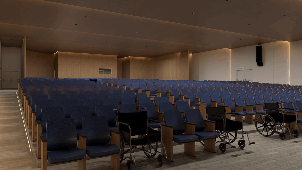 Auditório com capacidade aproximada para 800 pessoas, o ambiente contará com acessibilidade plena, incluindo espaços destinados a pessoas com deficiência, além de tratamento acústico completo , paredes duplas e piso com inclinação adequada, garantindo boa visibilidade e conforto auditivo para todos os participantes.