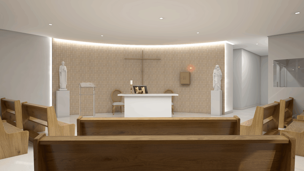 Capela com capacidade para aproximadamente 60 pessoas, localizada na fachada principal do prédio, com fachada de vidro e vista para a Avenida Santos Dumont, a capela será o primeiro espaço visível e acolhedor para quem adentra o CEMJA. Ao adentrar o CEMJA, este será o primeiro lugar de encontro com o Senhor, onde o Sacrário com Jesus Eucarístico nos aguardará para nos abençoar e renovar.