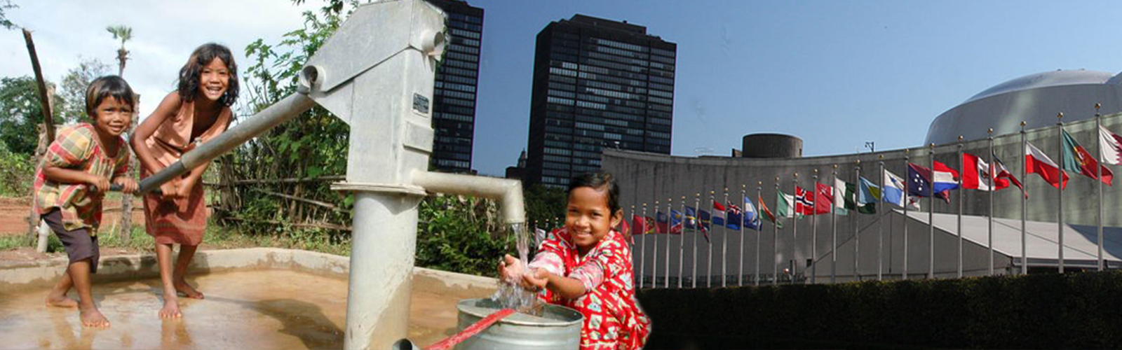 Cambodian children and UN building