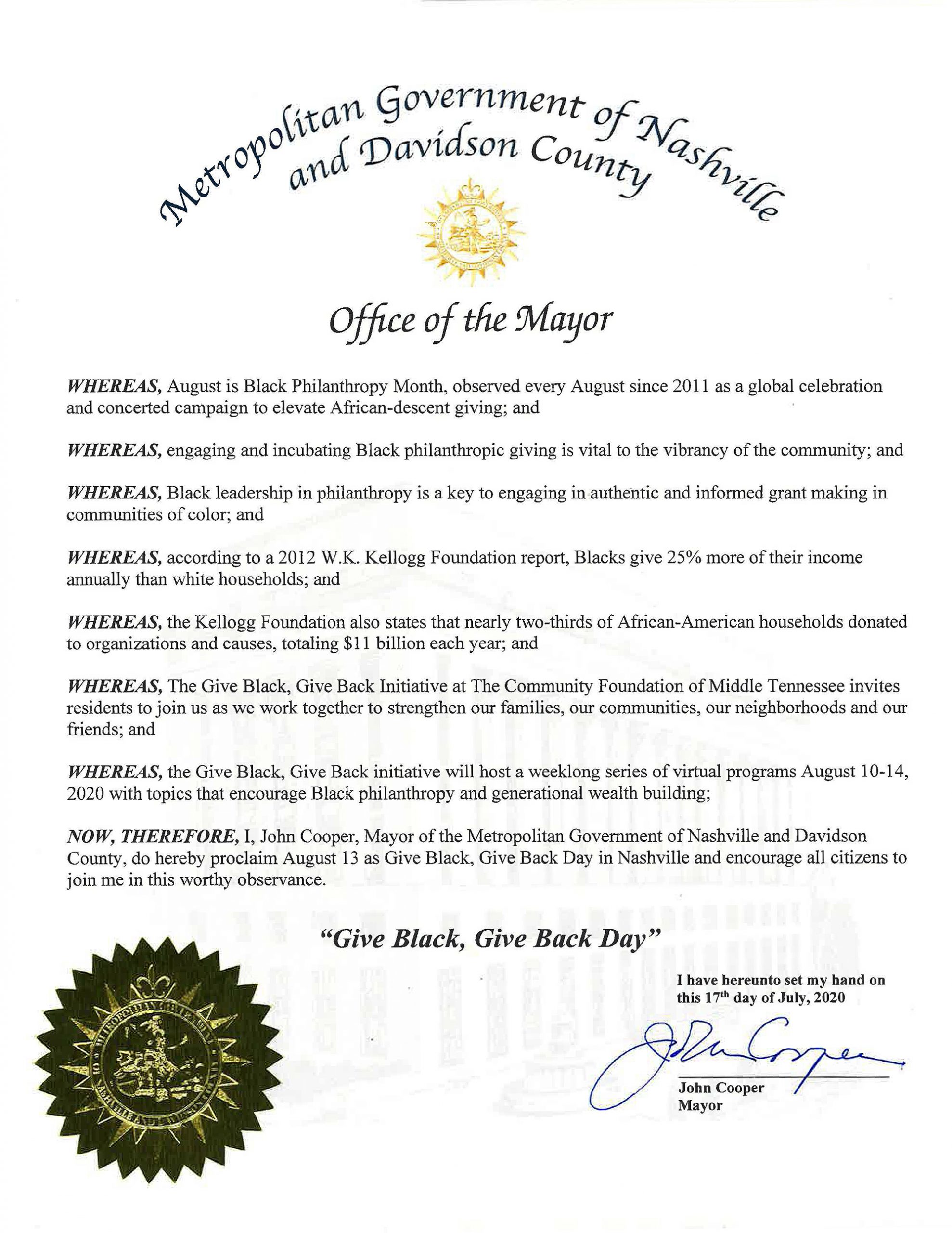 Give Black, Give Back Mayors Proclamation