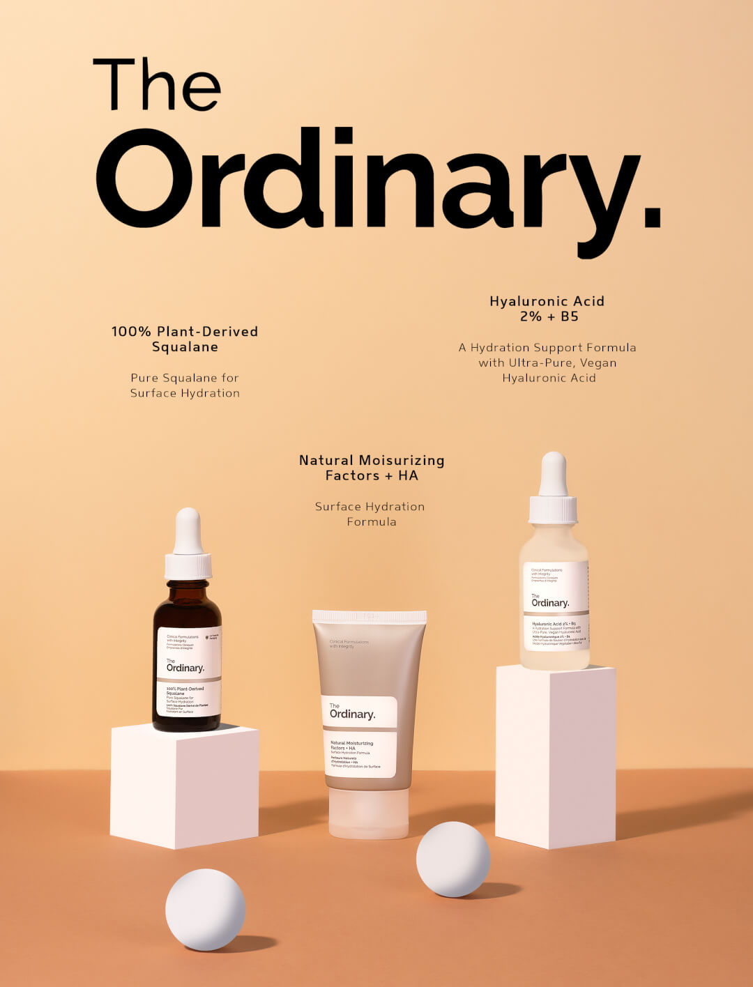 A selection of The Ordinary skincare products for hydration, displayed in a minimalist and modern setting.
