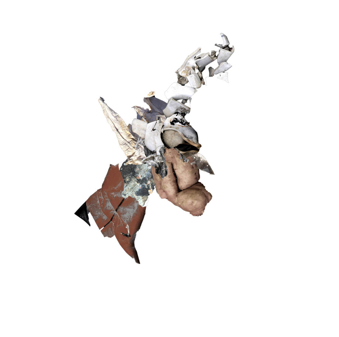 Abstract collage featuring a fragmented human form with mixed media elements against a white background.