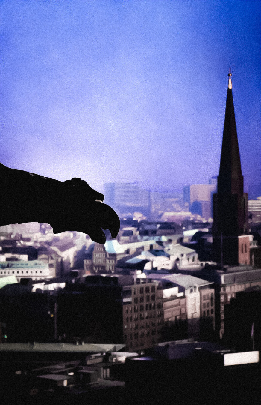 A gargoyle silhouette overlooks a cityscape with a prominent church spire against a blue sky, creating a mysterious urban scene.