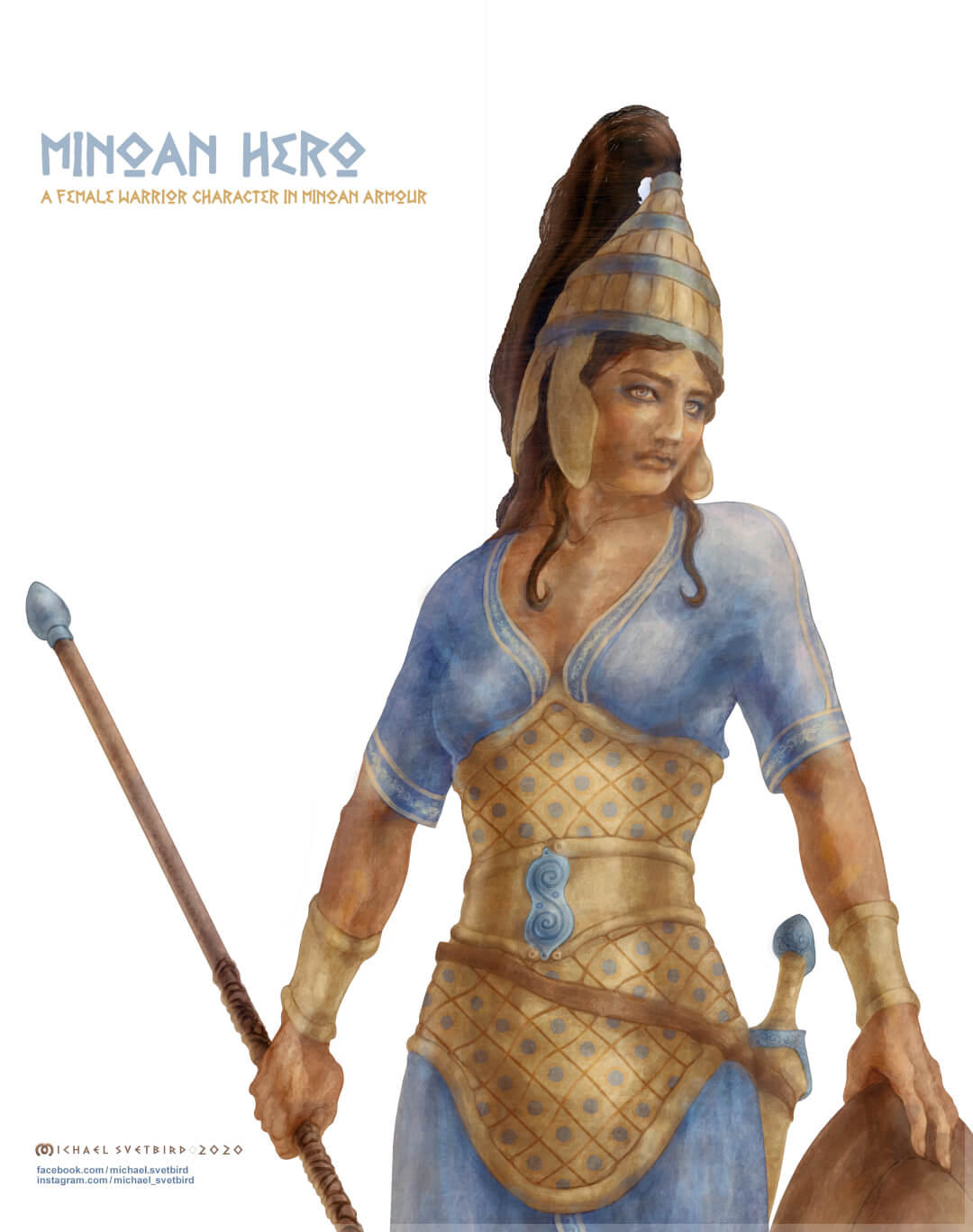 Illustration of a female warrior character in Minoan armor, holding a spear, exuding strength and confidence.