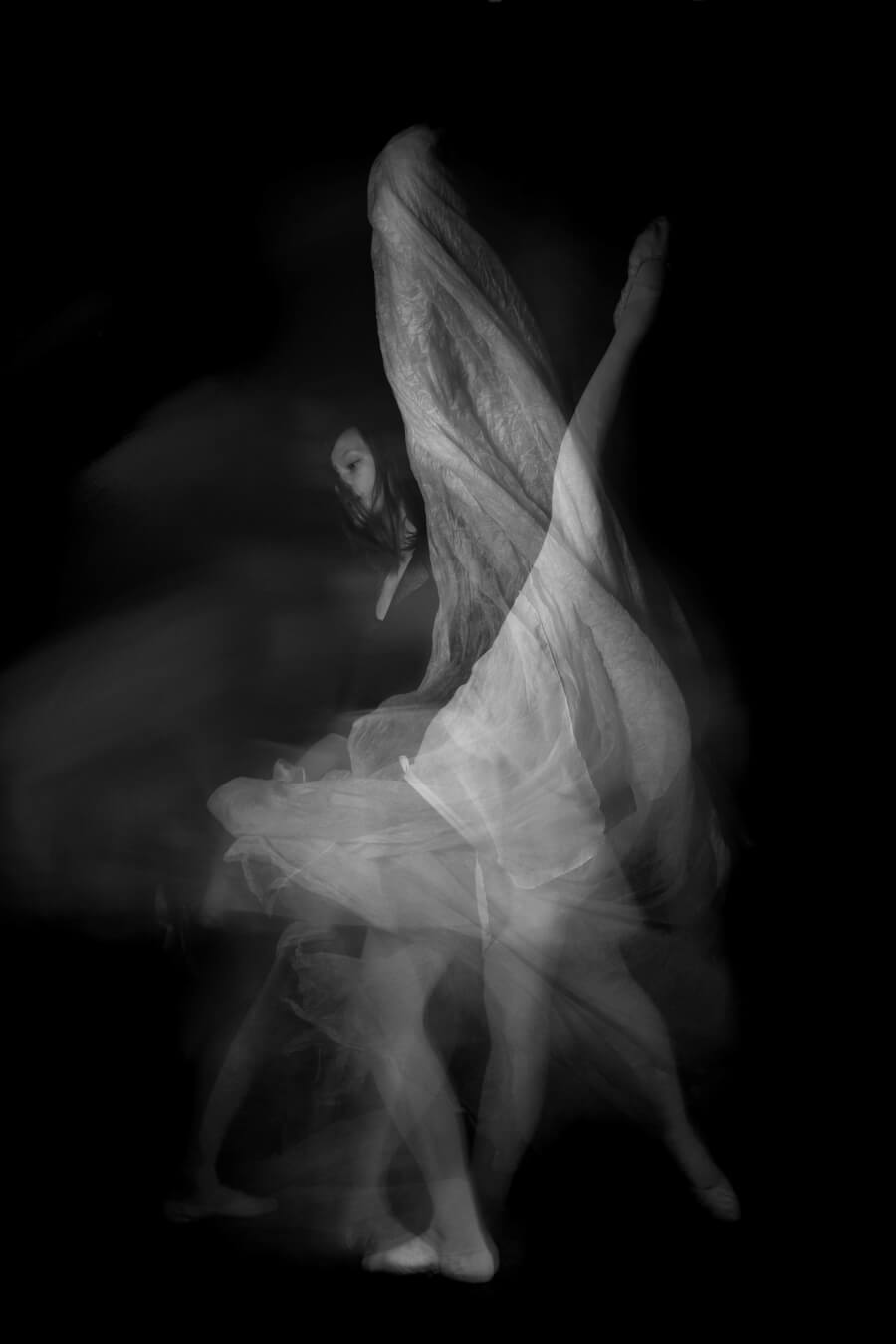 A mesmerizing black and white image of a dancer in motion, captured with long exposure.