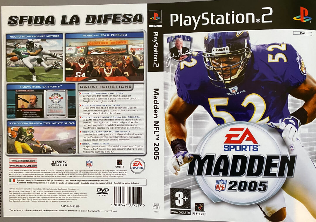 The Madden NFL 2005 PlayStation 2 game cover features an intense football player action shot.