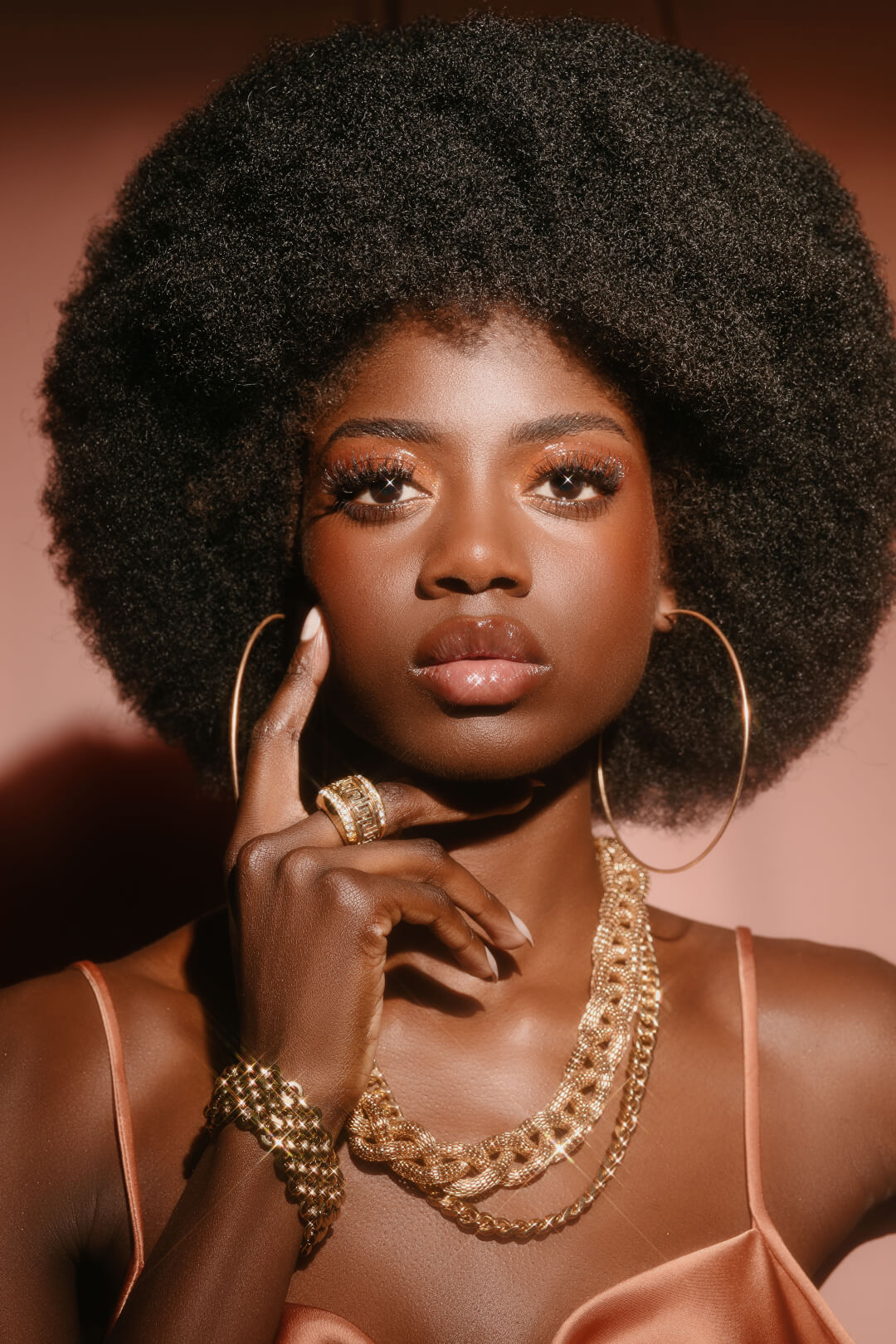 A stylish Black woman with an afro and gold jewelry poses in a studio setting.