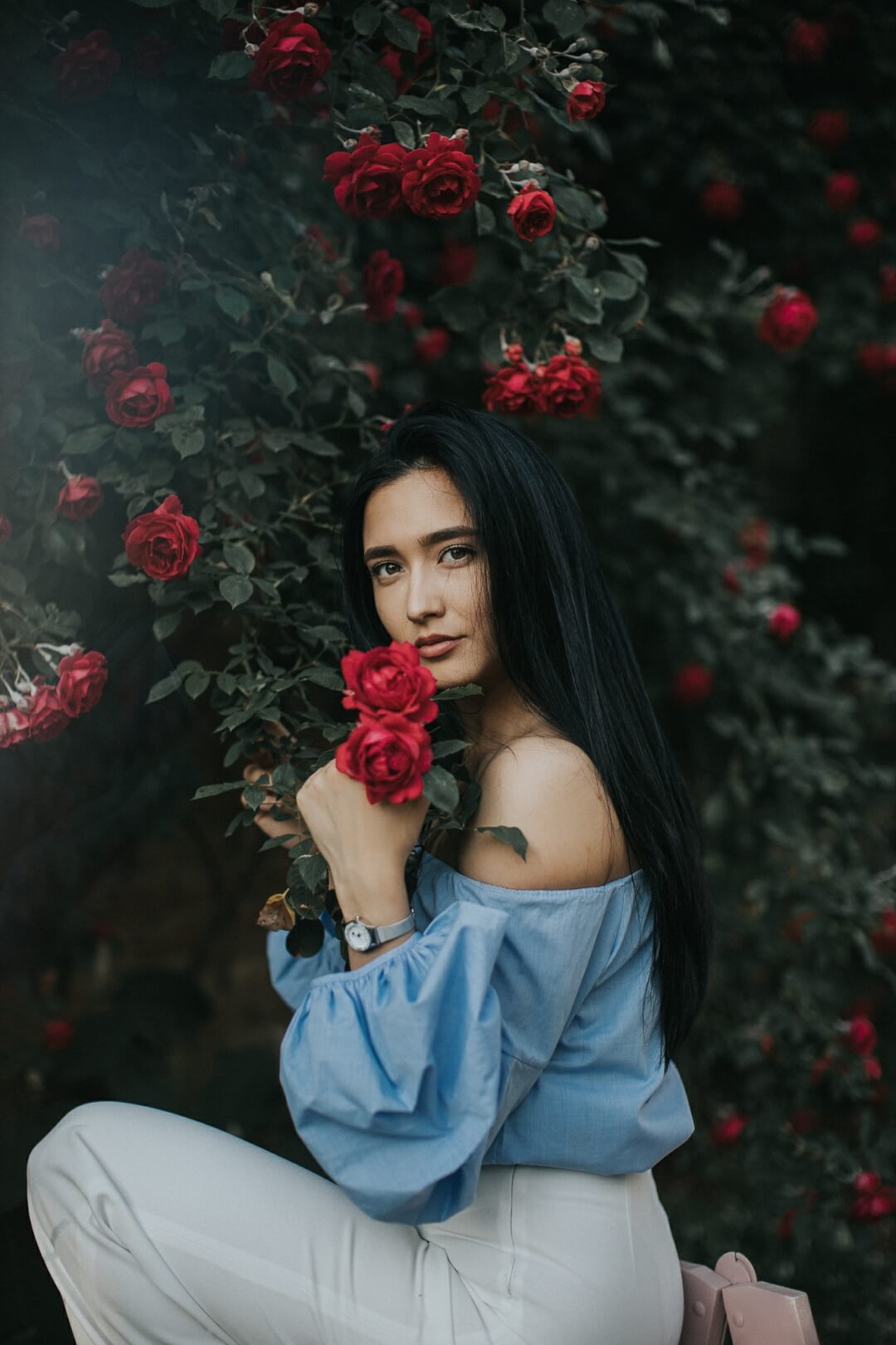 A woman with long dark hair poses with red roses in a garden setting, creating a dreamy and romantic atmosphere.