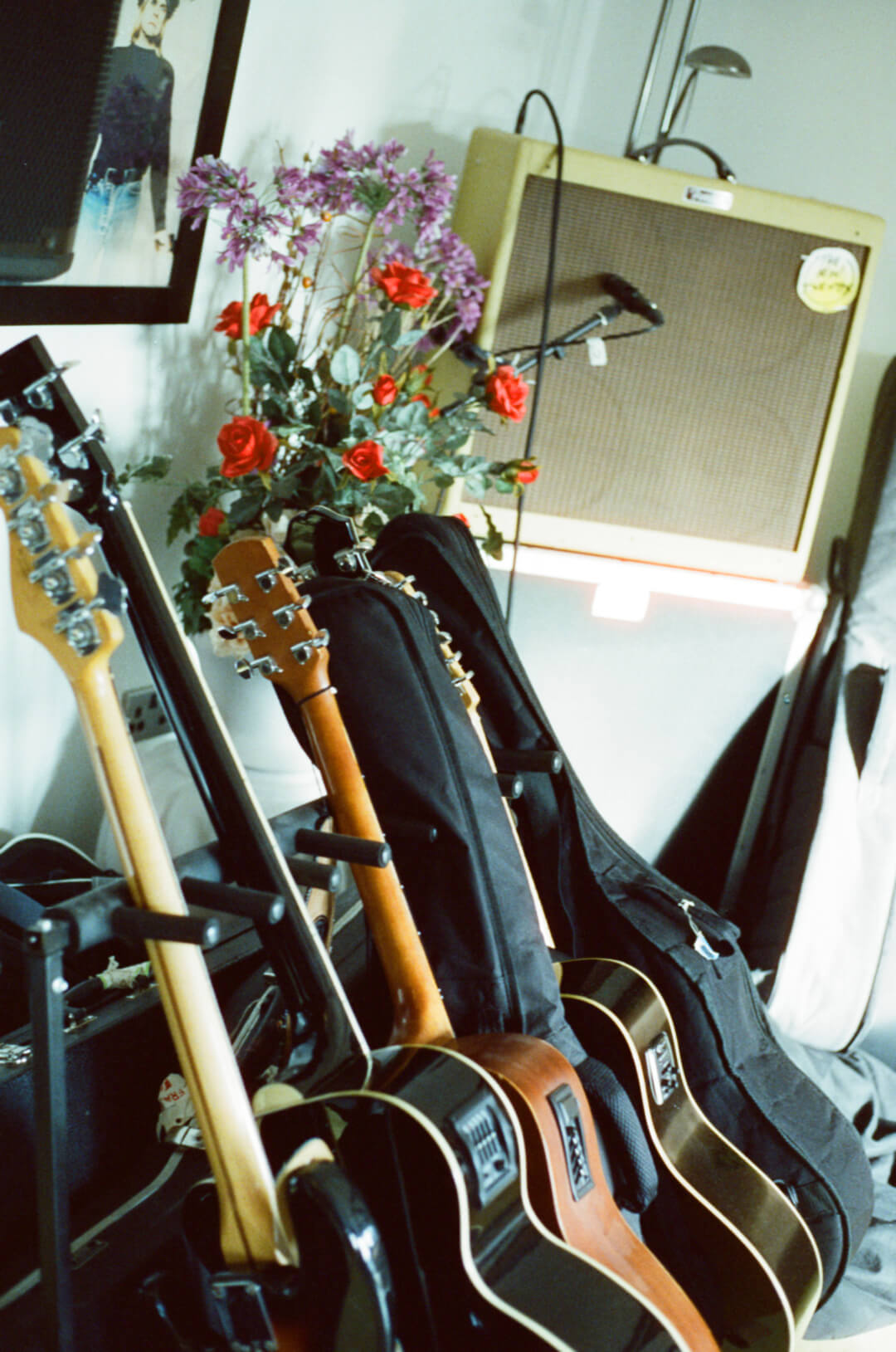 A collection of guitars in cases and a amplifier beside a bouquet of flowers creating a calm, relaxing mood.