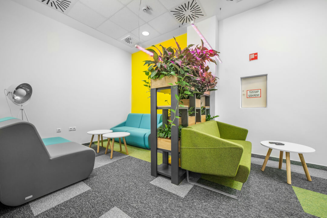 A modern office waiting area with armchairs, a sofa, and plants creates a calm and relaxing atmosphere.