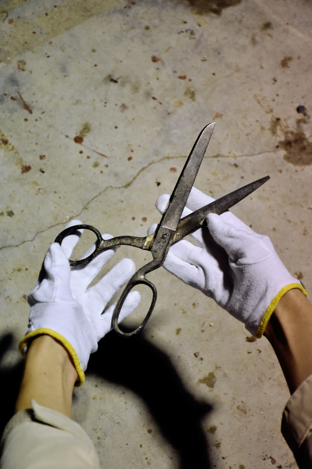 Hands in white gloves hold old scissors, lit with soft, artificial light.