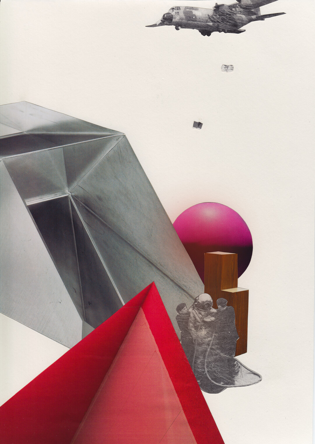 A surreal collage featuring geometric shapes, divers, and an airplane for creative projects.