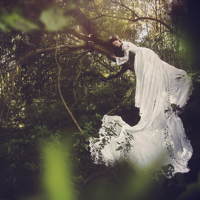 A woman in a white dress rests on a tree branch within a lush, sun-dappled forest.