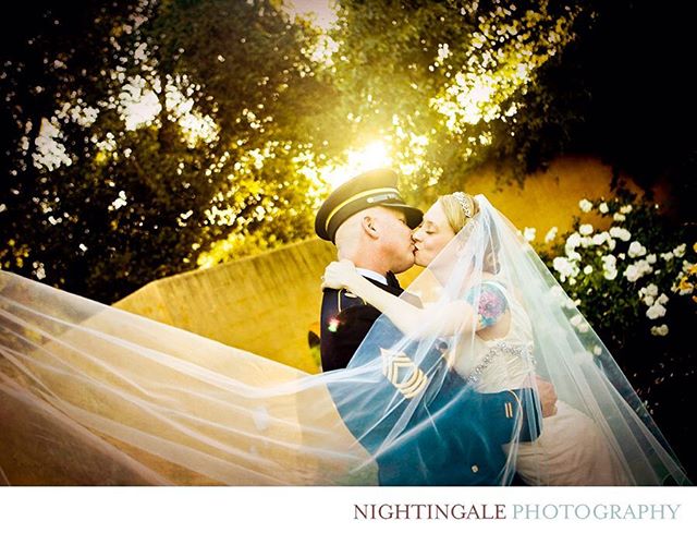 A bride and groom share a kiss on their wedding day with a veil blowing in the wind.