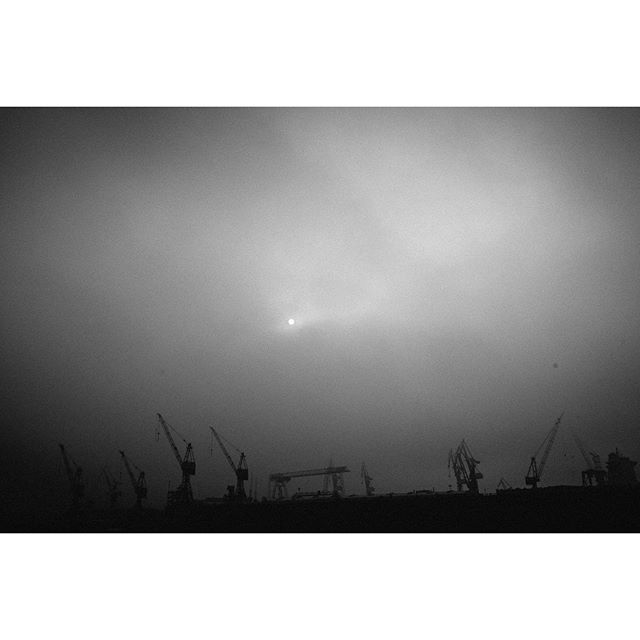 Cranes stand silhouetted against a foggy sky, capturing a scene of industrial activity.