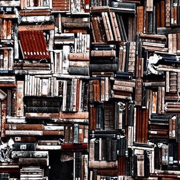 A textured wall of old books creates a vintage and scholarly background.