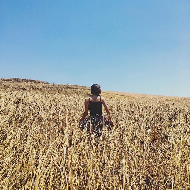 A woman in a dress walks through a golden wheat field under a clear blue sky, enjoying the tranquility of nature.