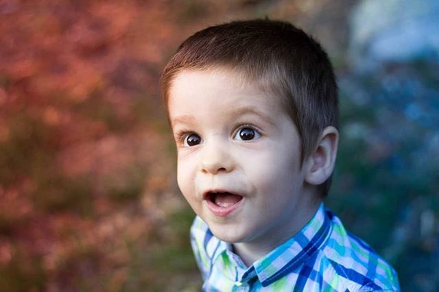 A cheerful young boy with brown hair looks up with an excited expression. He wears a blue checkered shirt.