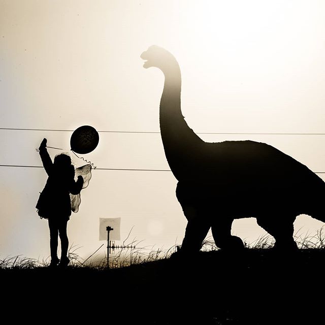 Silhouette of a child with a balloon and wings next to a dinosaur.