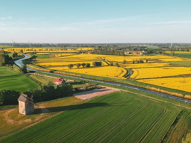 Aerial view of a countryside with a windmill, a river, and yellow canola fields in a tranquil, harmonious setting.