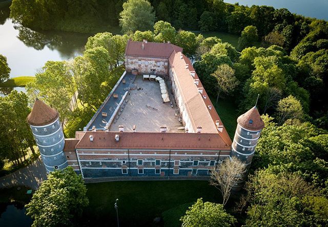 Aerial view of a historic castle with towers, located on a lake surrounded by trees.
