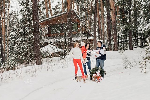 A happy family enjoys a winter day in the forest, pulling a sled with their dog.