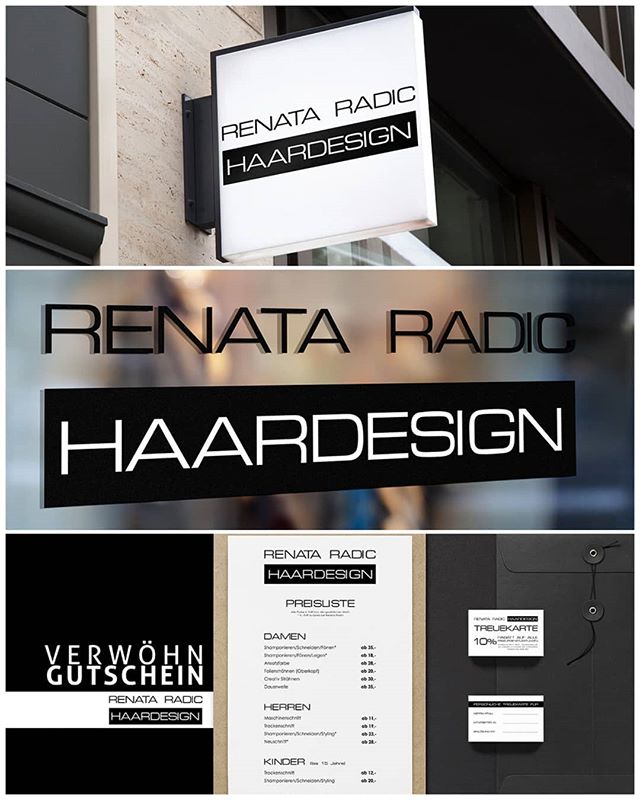 Promotional material for Renata Radic Haardesign featuring signage, price list, and business cards.
