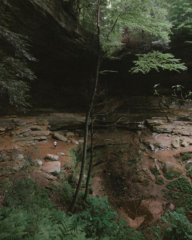 A lone figure walks through a rocky canyon, surrounded by trees and natural beauty.