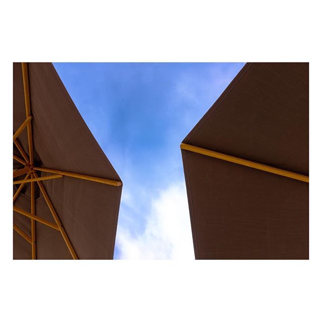 A low-angle shot of two brown umbrellas against a bright blue sky with white clouds, perfect for summer vibes.