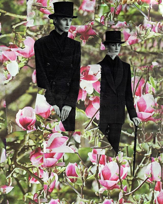 Two women wearing hats and coats are artfully collaged with pink flowers. 