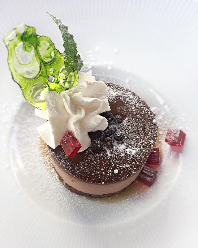A delectable chocolate dessert with whipped cream, berries, and a sugary garnish on a white plate.
