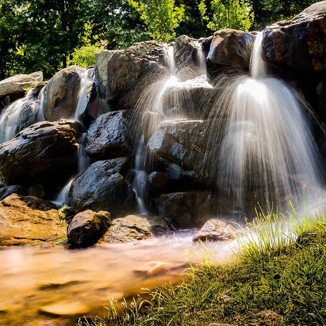 A small waterfall cascades over rocks, surrounded by lush greenery. A peaceful natural scene.