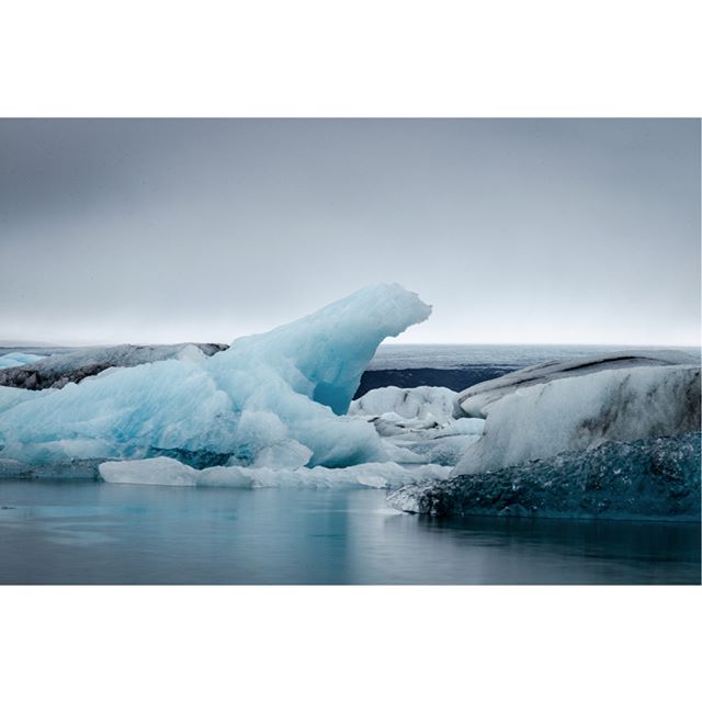 Icy blue icebergs dot the calm waters of a glacier lagoon under a grey sky, a serene and natural landscape.
