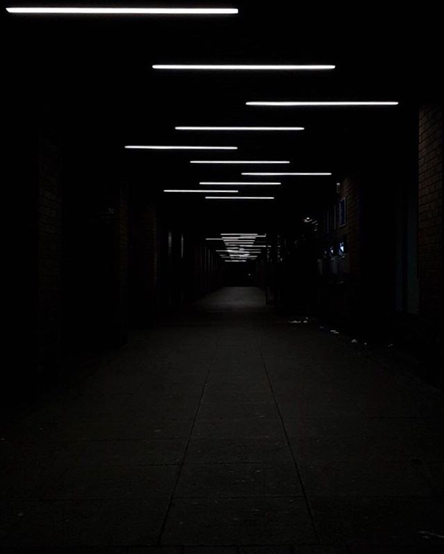 A dark hallway is illuminated by linear ceiling lights, creating a moody and minimalist scene.