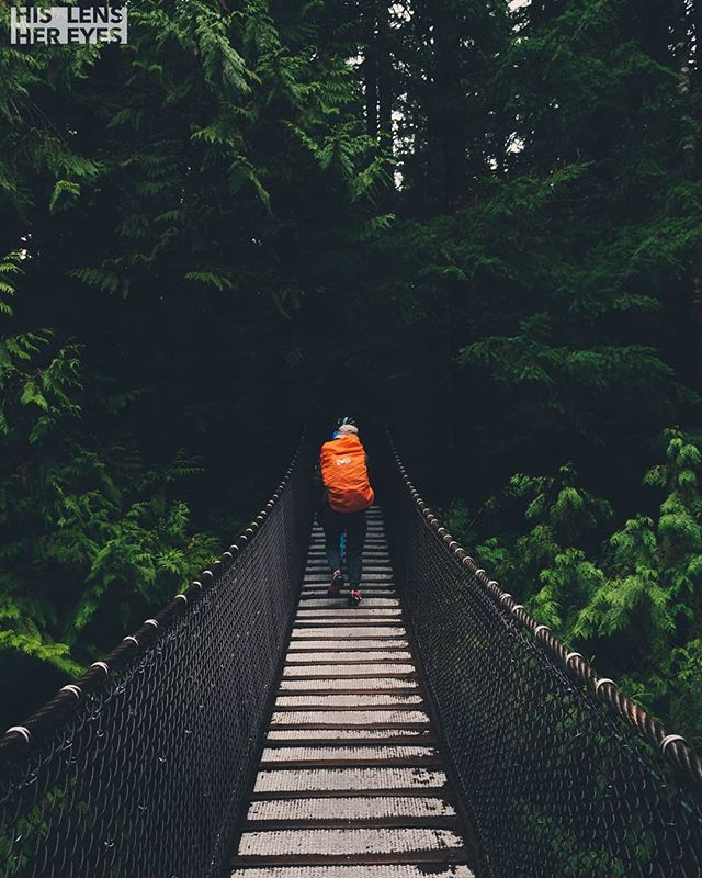 A person with a backpack walks across a suspension bridge surrounded by lush green trees.
