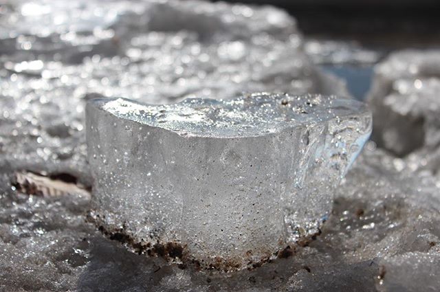 A glistening chunk of ice sits on a bed of snow, with sunlight reflecting off its surface.