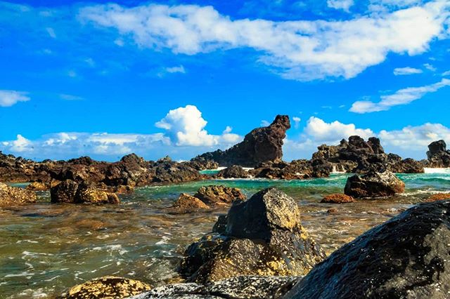 A scenic view of rocky coastline with the ocean and bright blue sky, perfect for travel and tourism content.